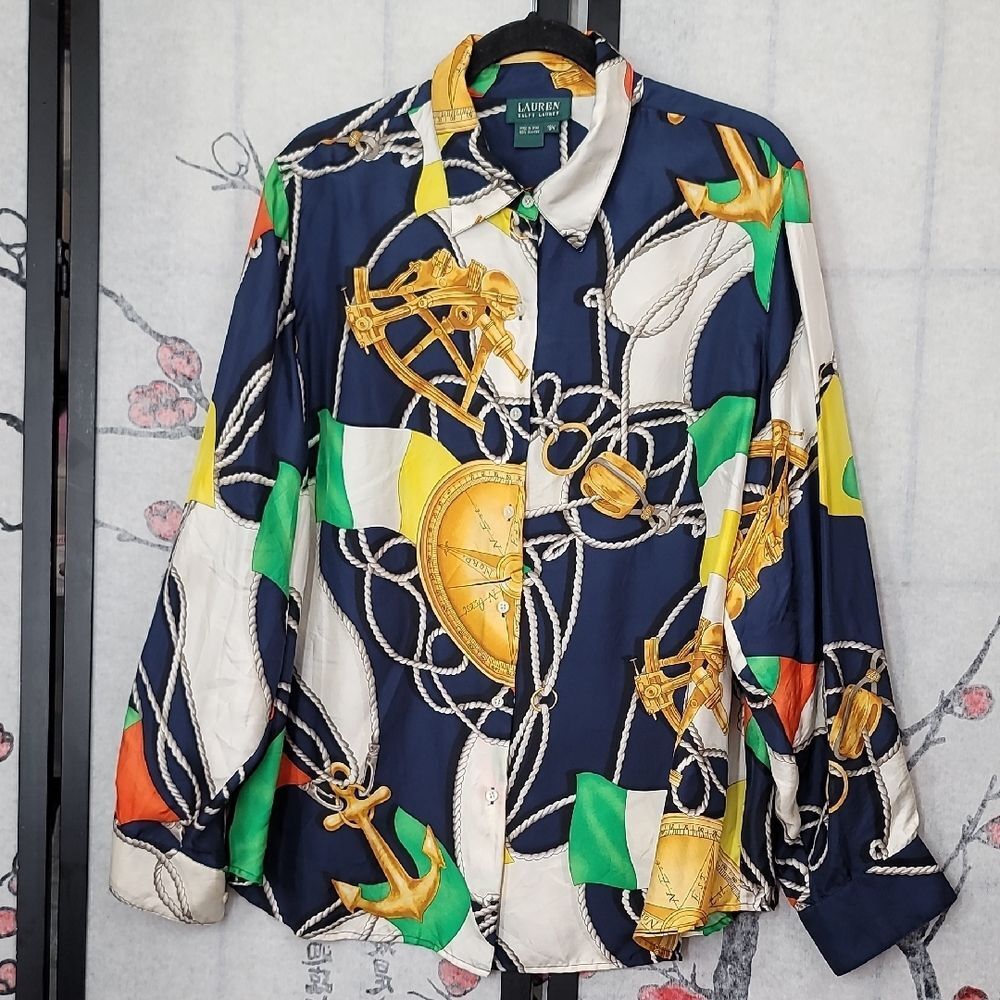 Vintage Lauren Ralph Lauren Nautical Long Sleeve Button Down Silk Y2k Size 18W